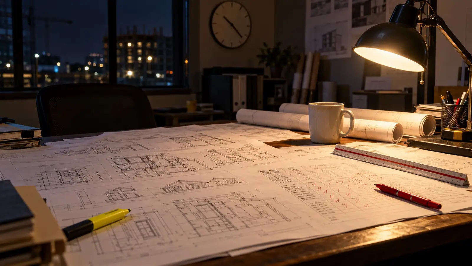 Estimator's desk at night with window and door plan sheets, a tally-marked schedule, a scale ruler and a desk lamp