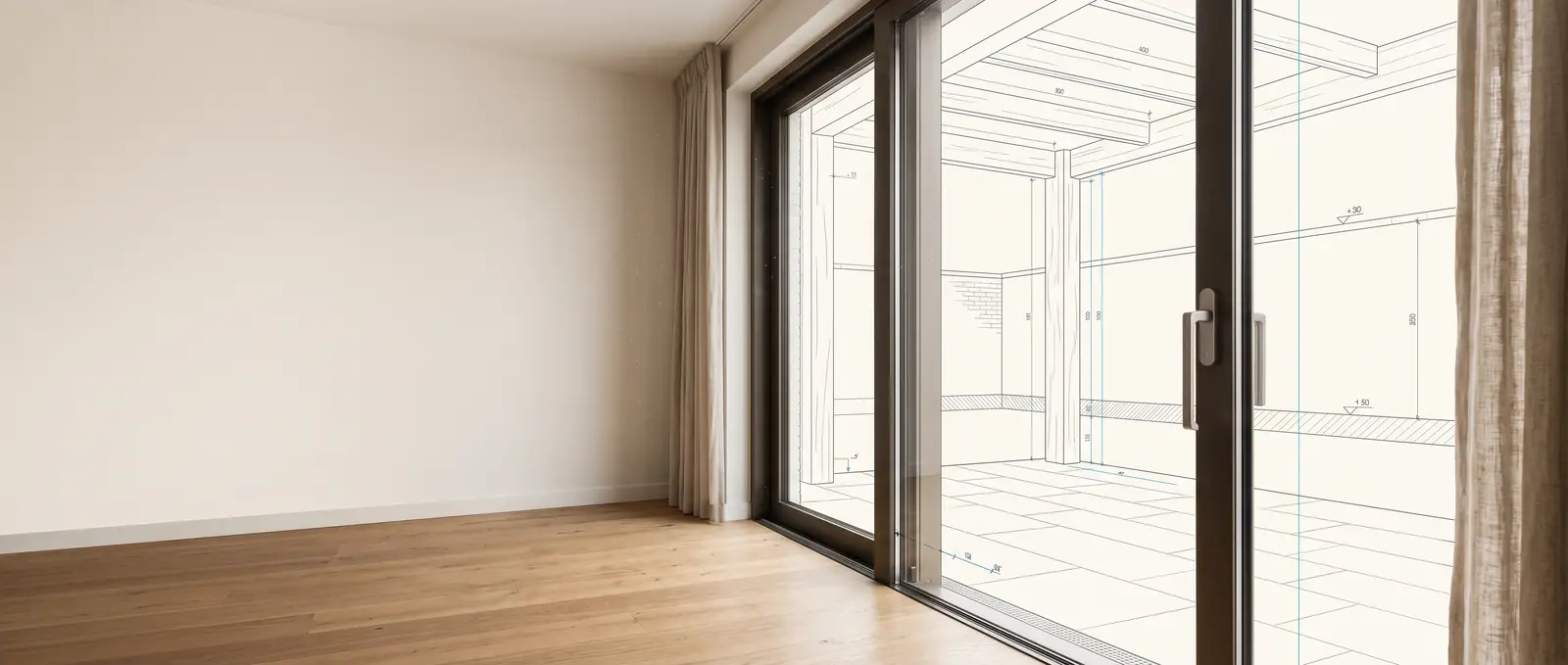 An architectural elevation drawing overlaid on an unfinished room, showing a sliding door and window opening ready for takeoff