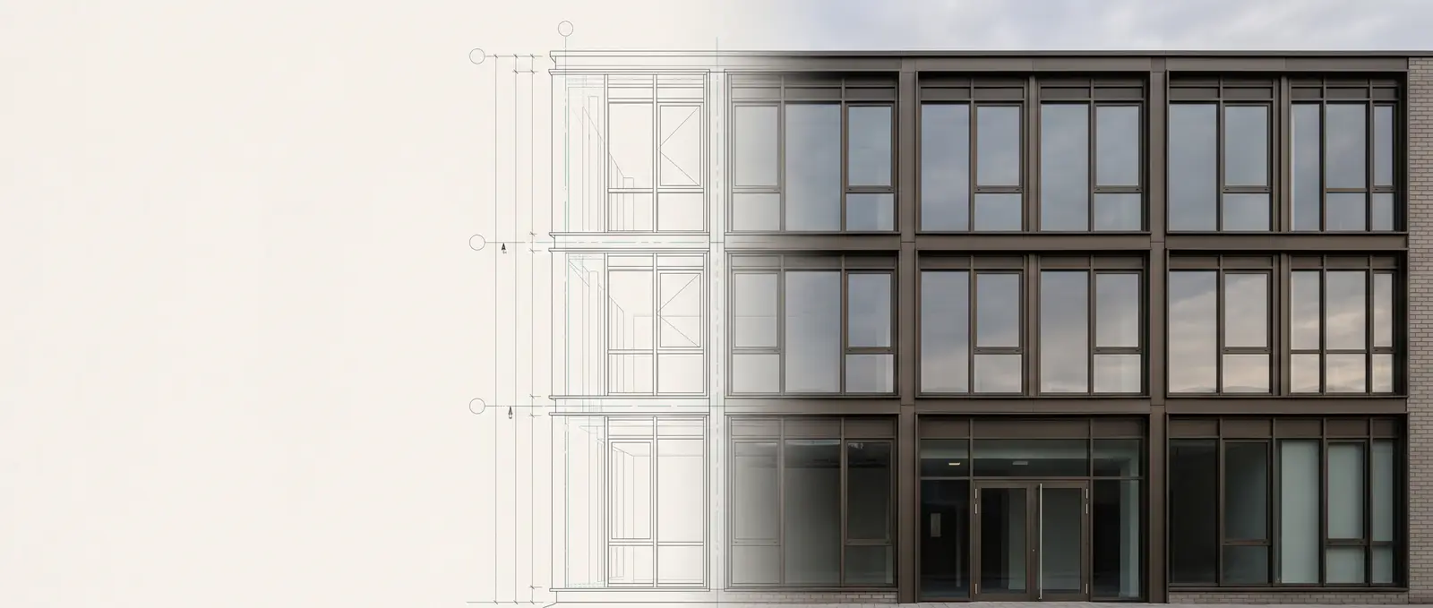 Architectural elevation resolving into the built façade, every window and door visible in the grid